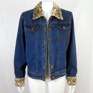 Vintage IKON Blue Denim Jacket Dark Wash w Animal Print Faux Fur